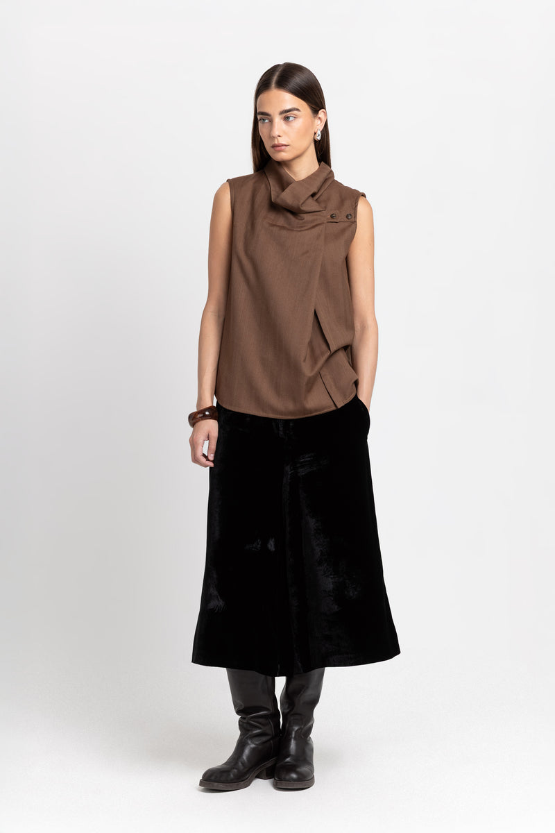 Caramel herringbone suiting draped-front blouse