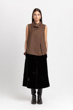 Caramel herringbone suiting draped-front blouse