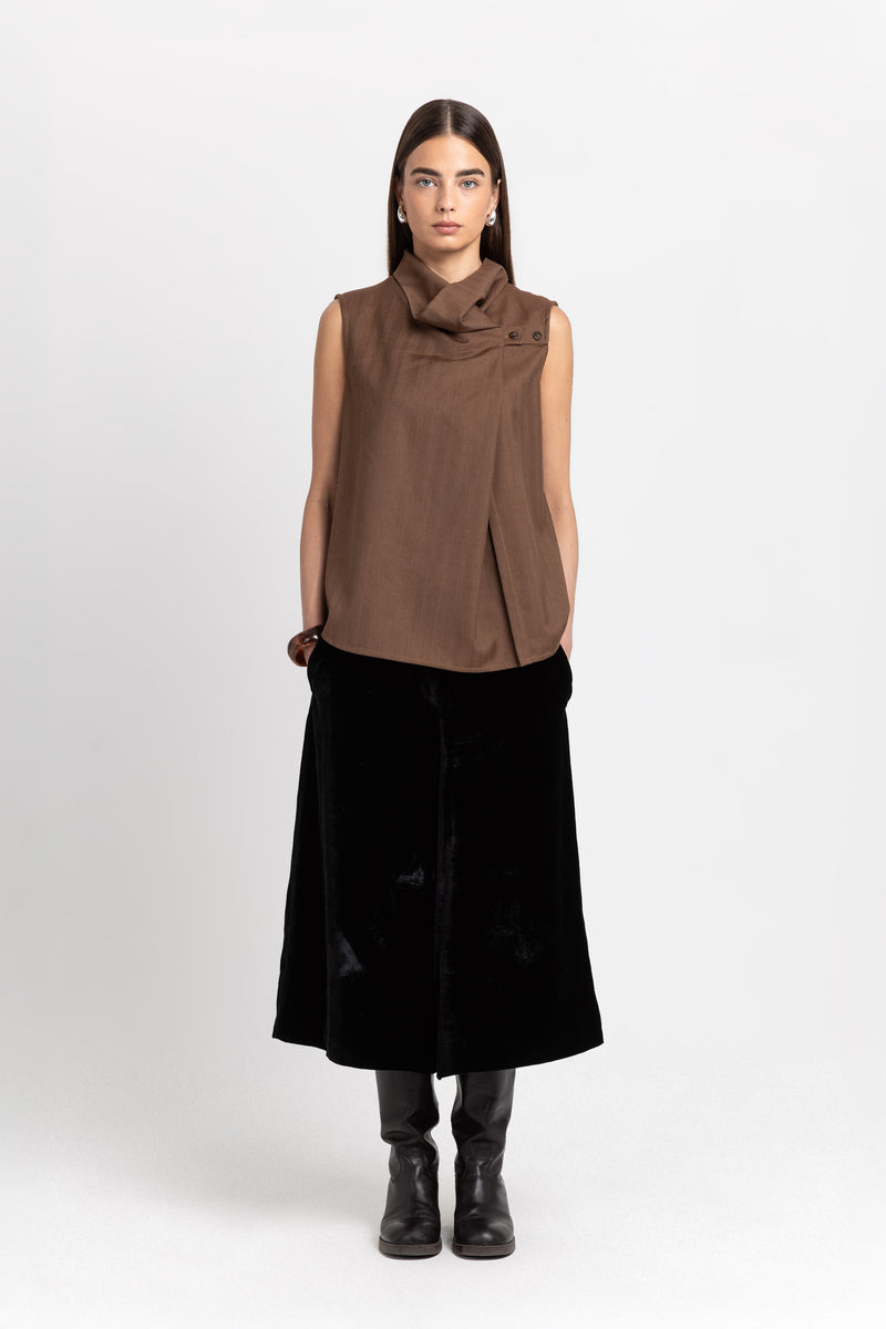 Caramel herringbone suiting draped-front blouse