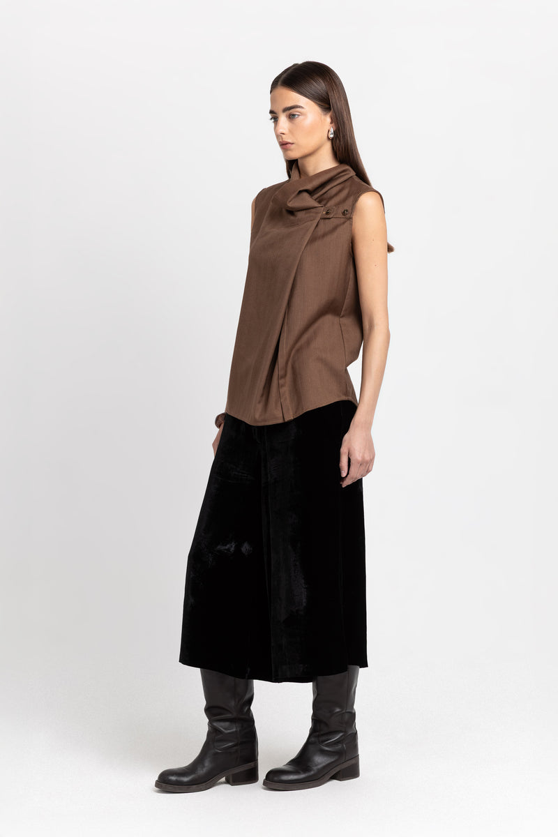 Caramel herringbone suiting draped-front blouse