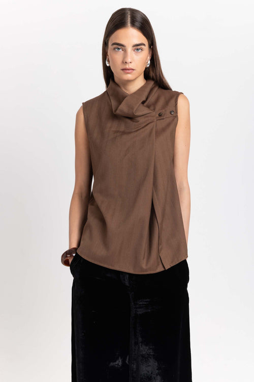 Caramel herringbone suiting draped-front blouse