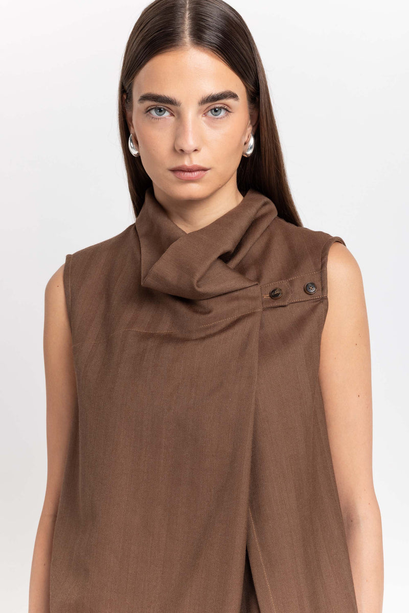 Caramel herringbone suiting draped-front blouse