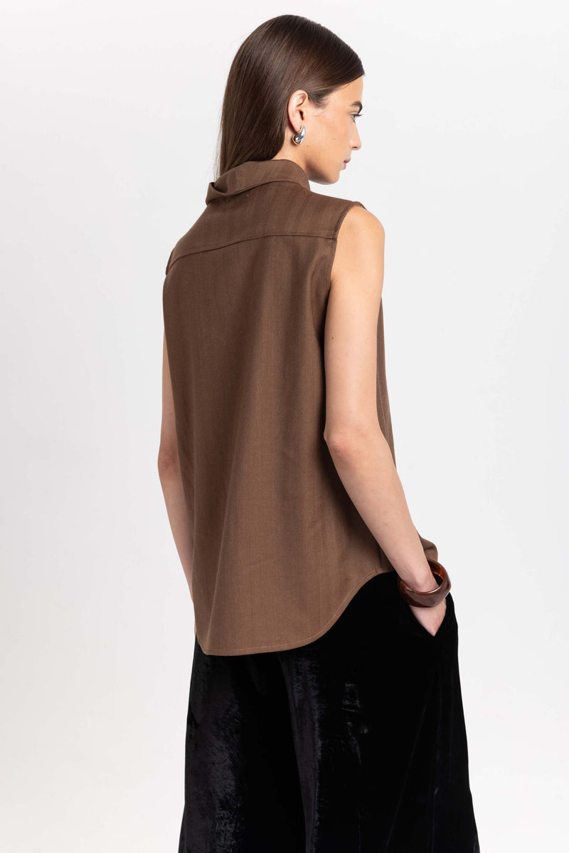 Caramel herringbone suiting draped-front blouse