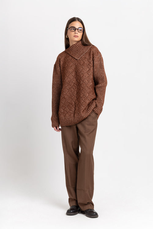 Caramel herringbone tailored straight pants