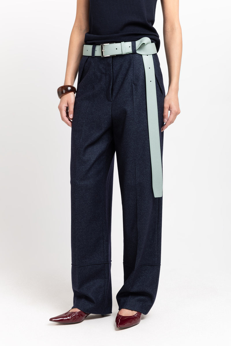 Navy green melange wool blend tailored straight pants
