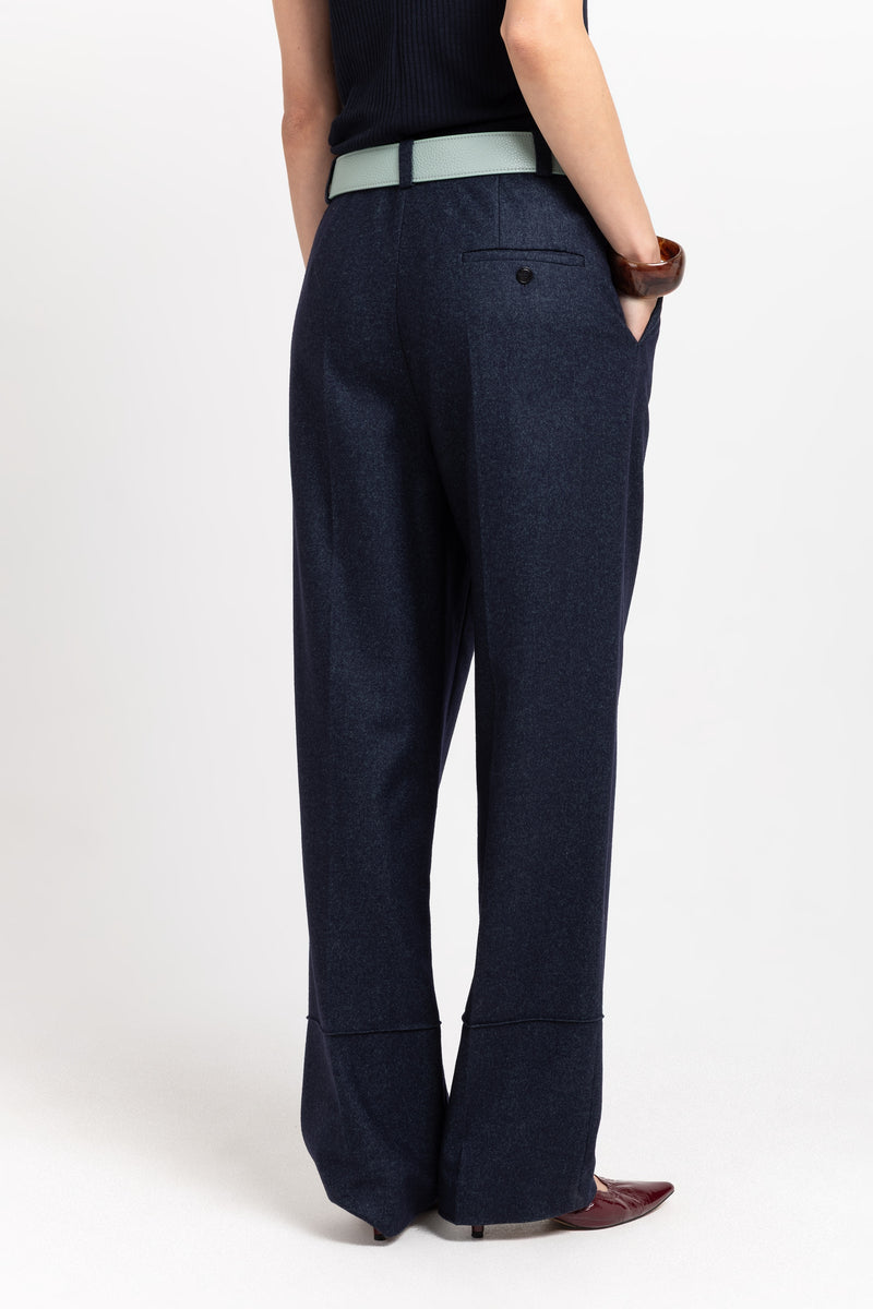 Navy green melange wool blend tailored straight pants