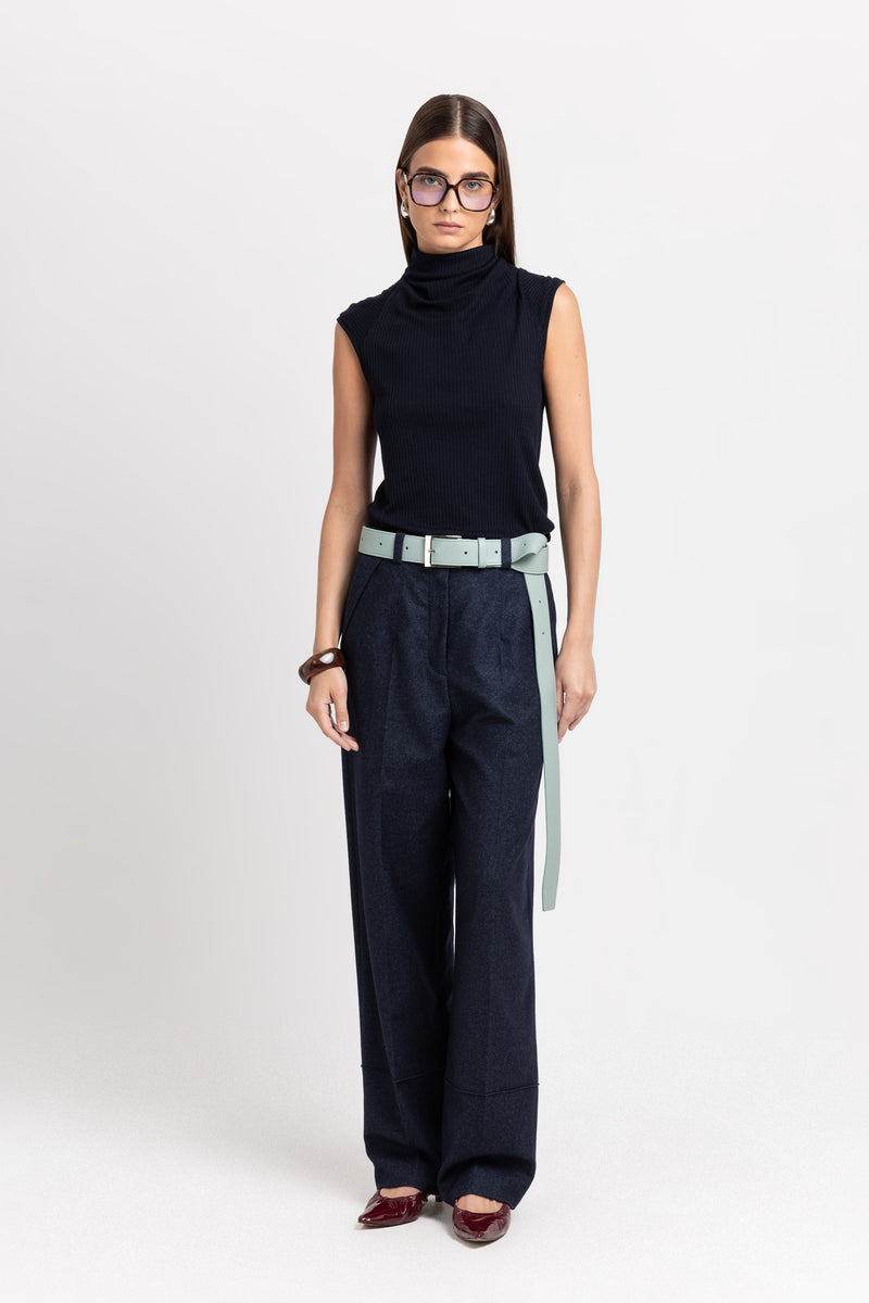 Navy green melange wool blend tailored straight pants