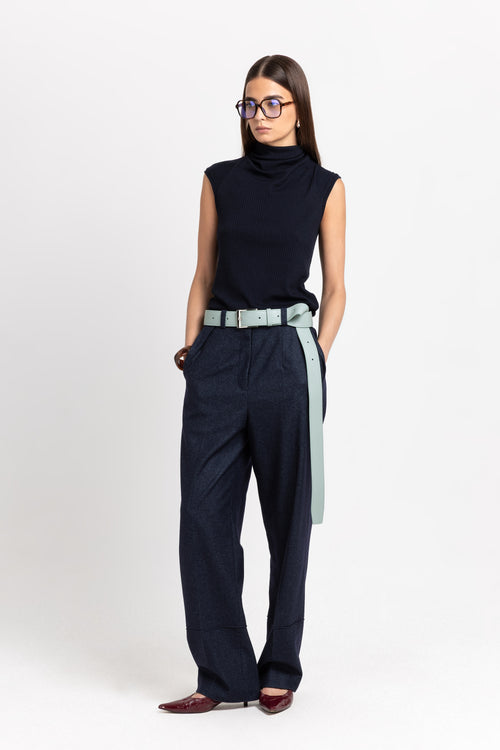 Navy green melange wool blend tailored straight pants
