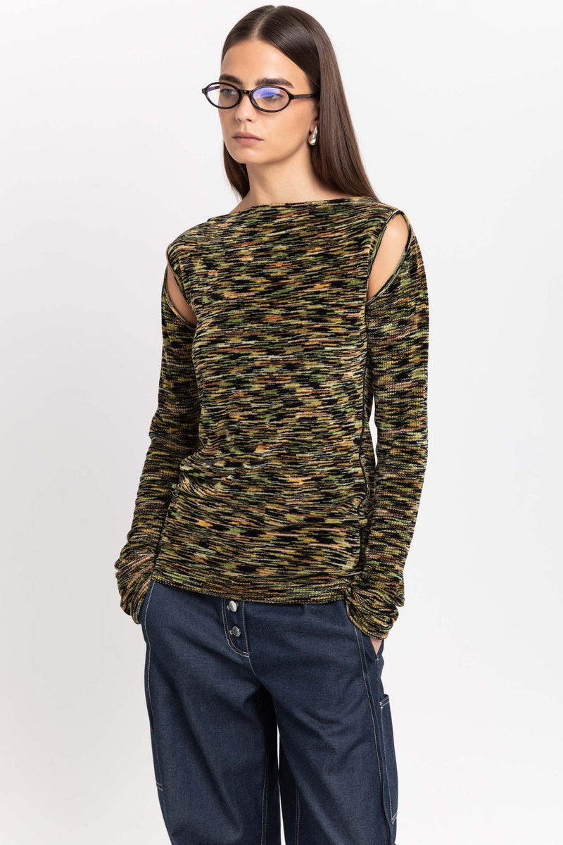 Green mix fine chenille long sleeve top with cutouts
