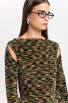 Green mix fine chenille long sleeve top with cutouts