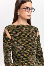 Green mix fine chenille long sleeve top with cutouts