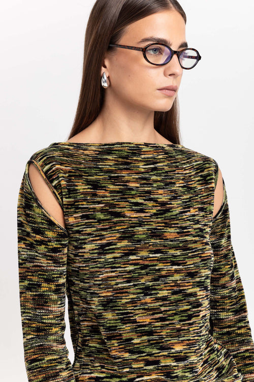 Green mix fine chenille long sleeve top with cutouts