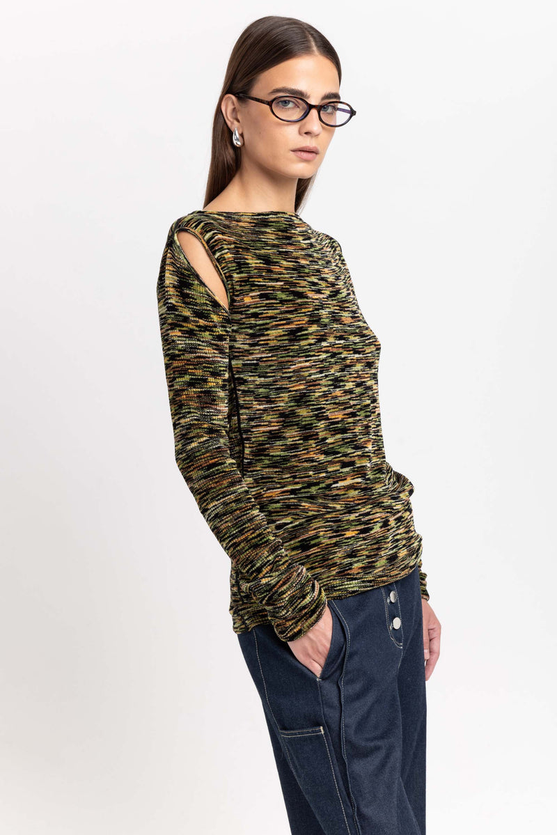 Green mix fine chenille long sleeve top with cutouts