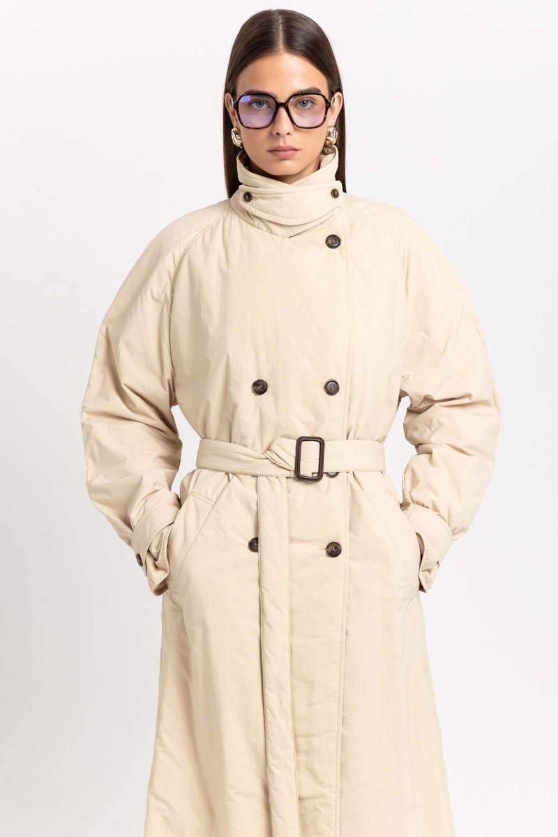 Butter beige bonded crinkle tech trench coat