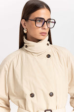 Butter beige bonded crinkle tech trench coat