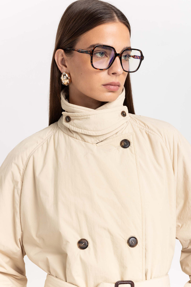 Butter beige bonded crinkle tech trench coat