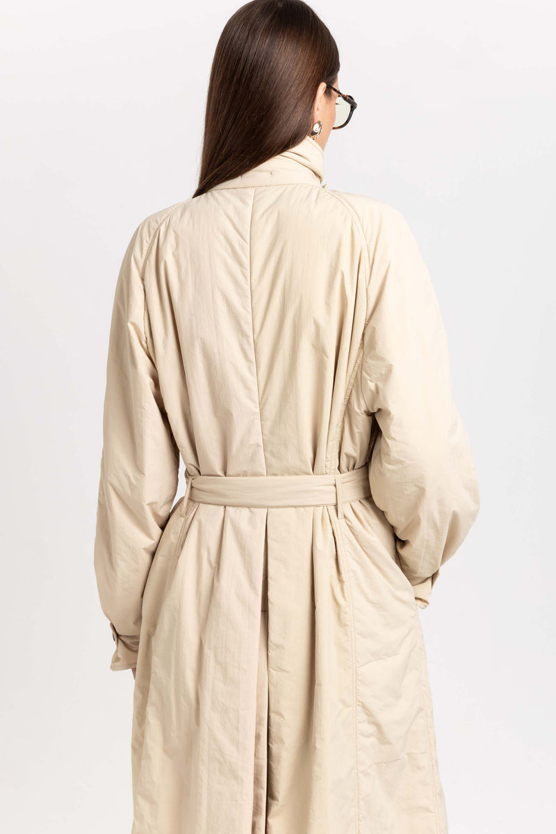 Butter beige bonded crinkle tech trench coat