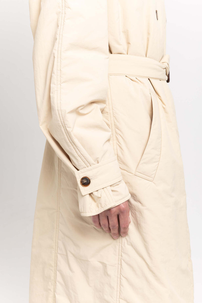 Butter beige bonded crinkle tech trench coat