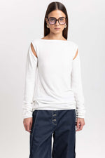 Off white fine chenille long sleeve top with cutouts