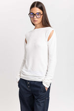 Off white fine chenille long sleeve top with cutouts