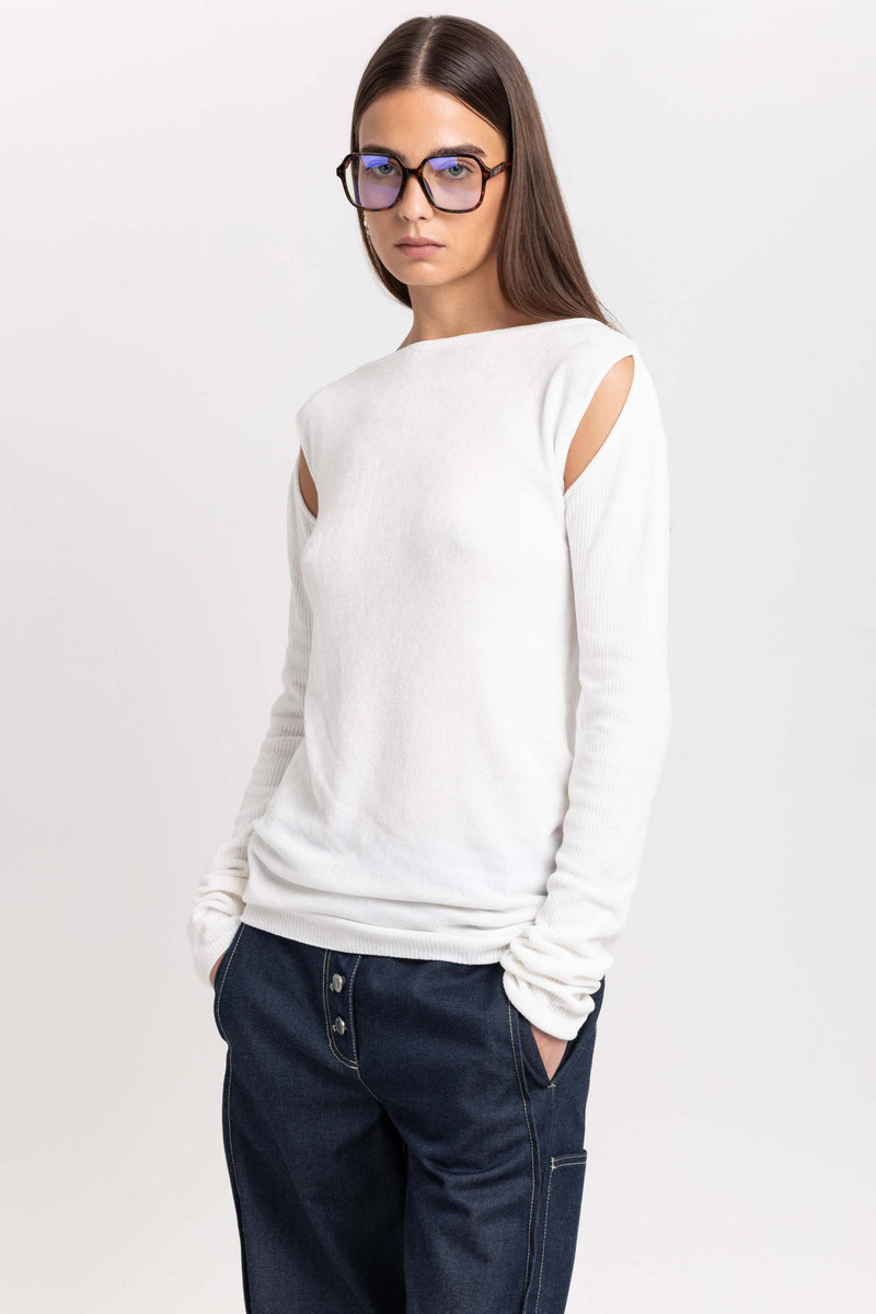 Off white fine chenille long sleeve top with cutouts