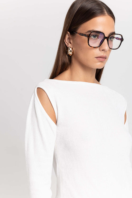 Off white fine chenille long sleeve top with cutouts