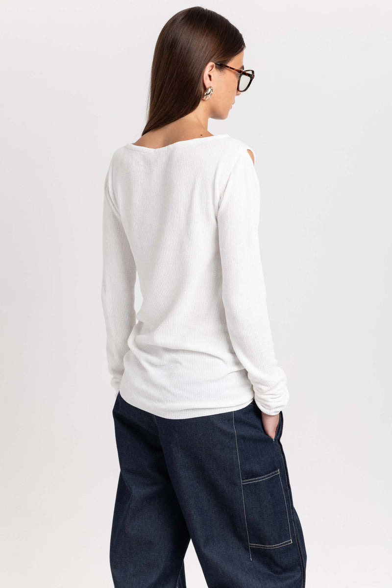 Off white fine chenille long sleeve top with cutouts