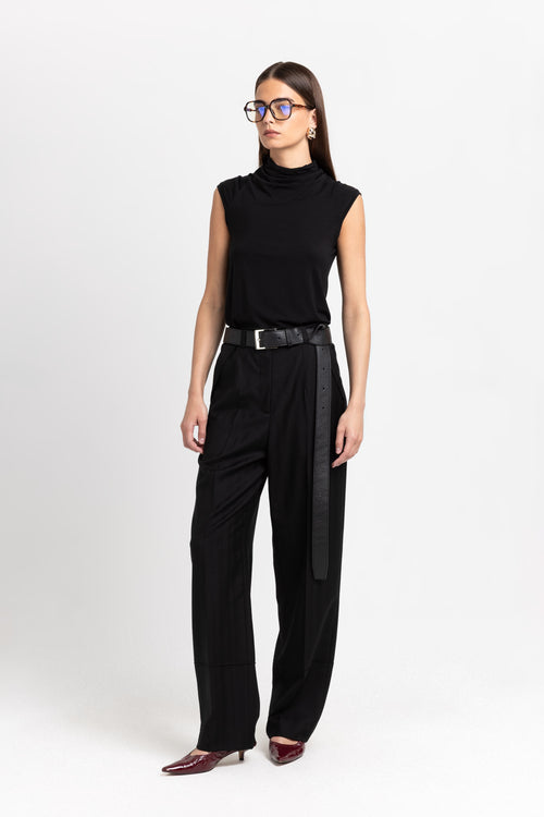 Black herringbone suiting tailored straight pants