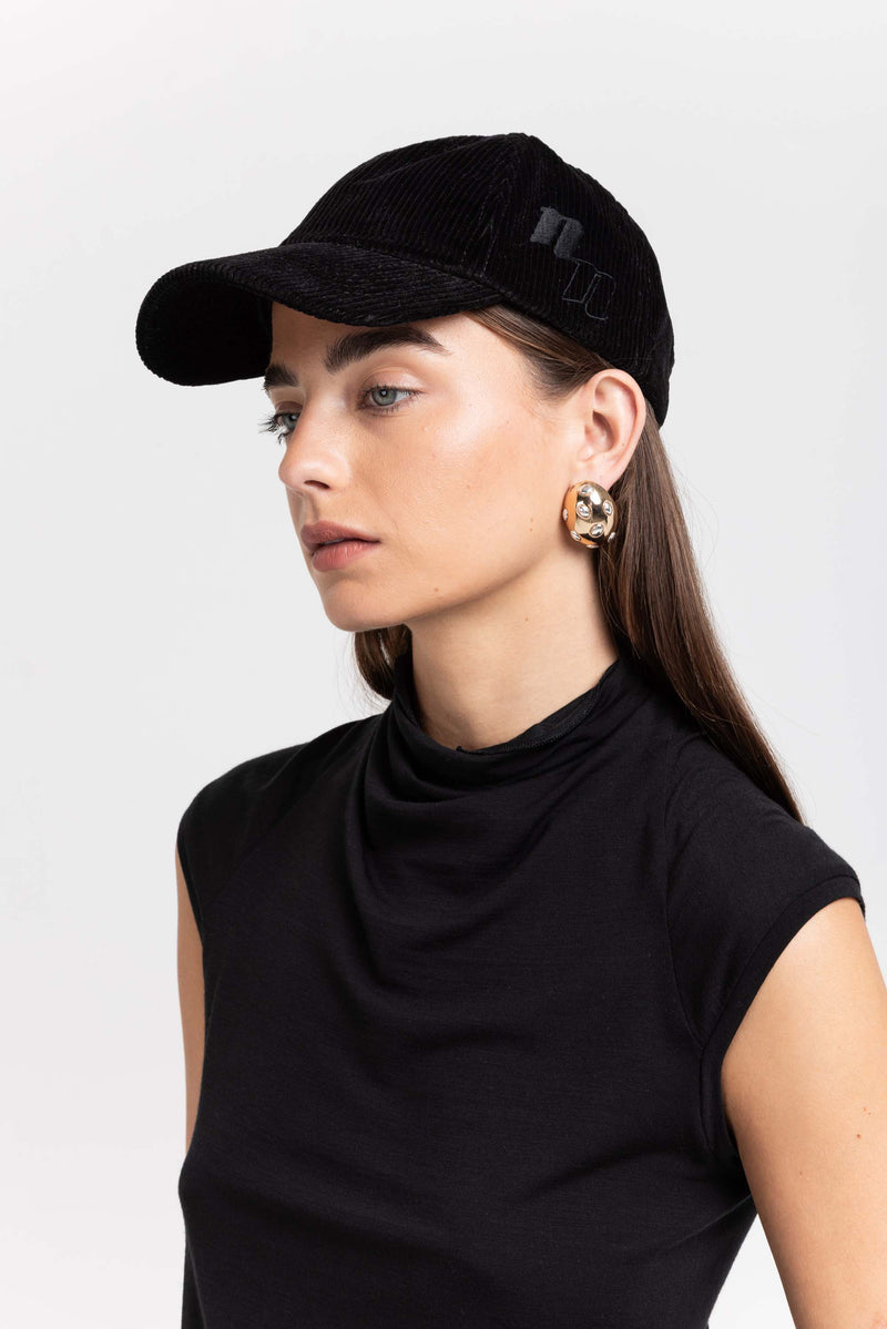 Black corduroy embroidered cap