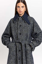 Navy & green twill blend unisex coat with double collar