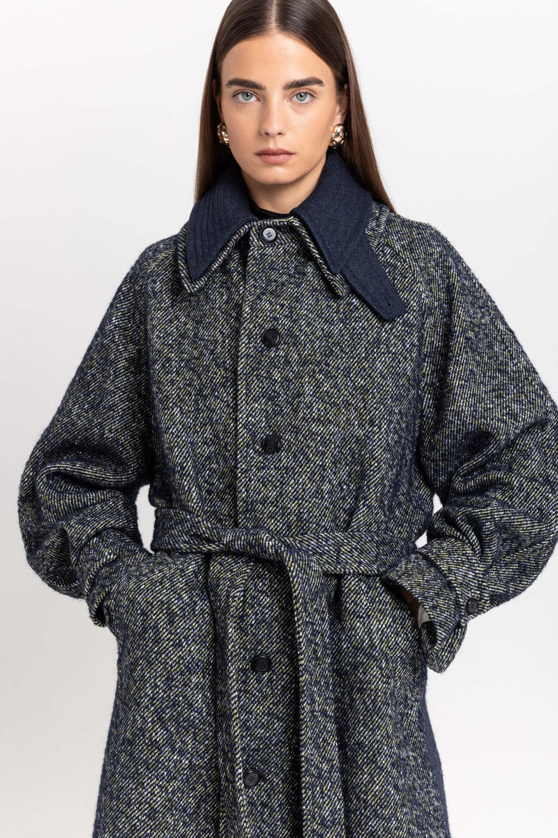 Navy & green twill blend unisex coat with double collar