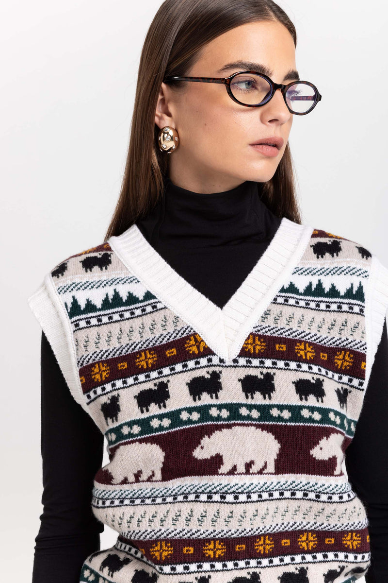 Light mix fine merino unisex holiday jacquard vest