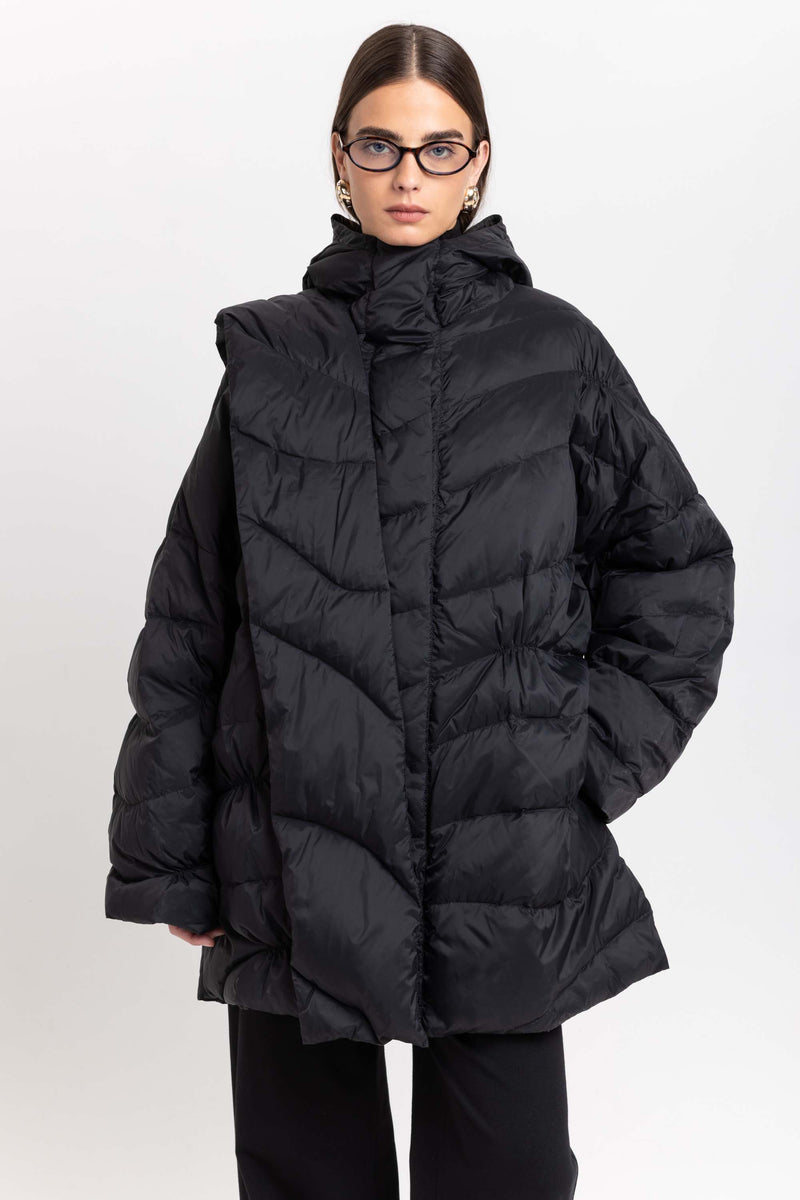 Black down coat with scarf