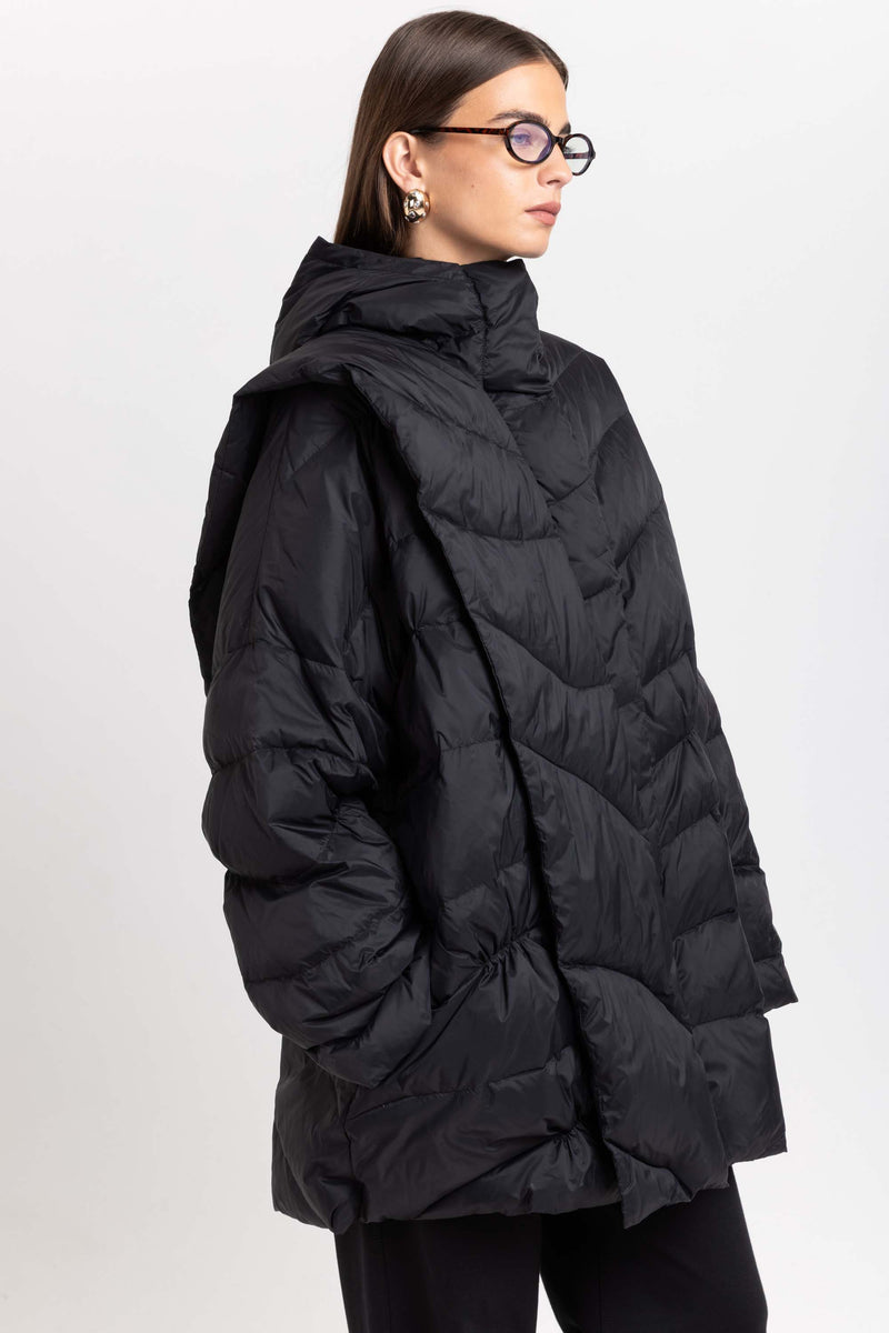 Black down coat with scarf