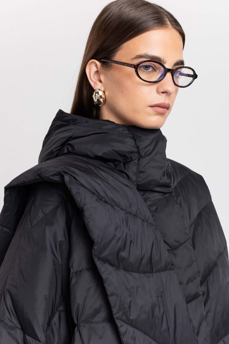 Black down coat with scarf