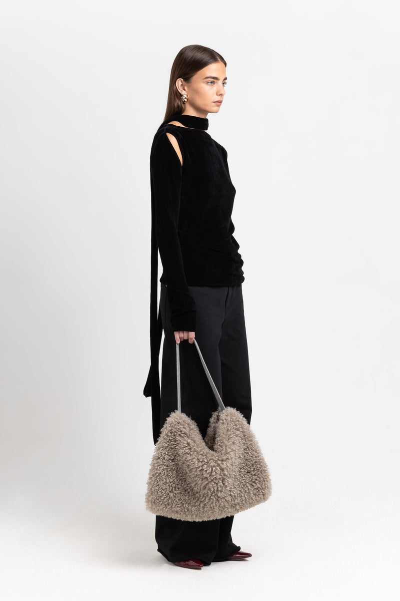 Black fine chenille long sleeve top with cutouts