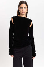 Black fine chenille long sleeve top with cutouts