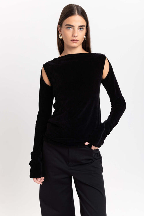 Black fine chenille long sleeve top with cutouts