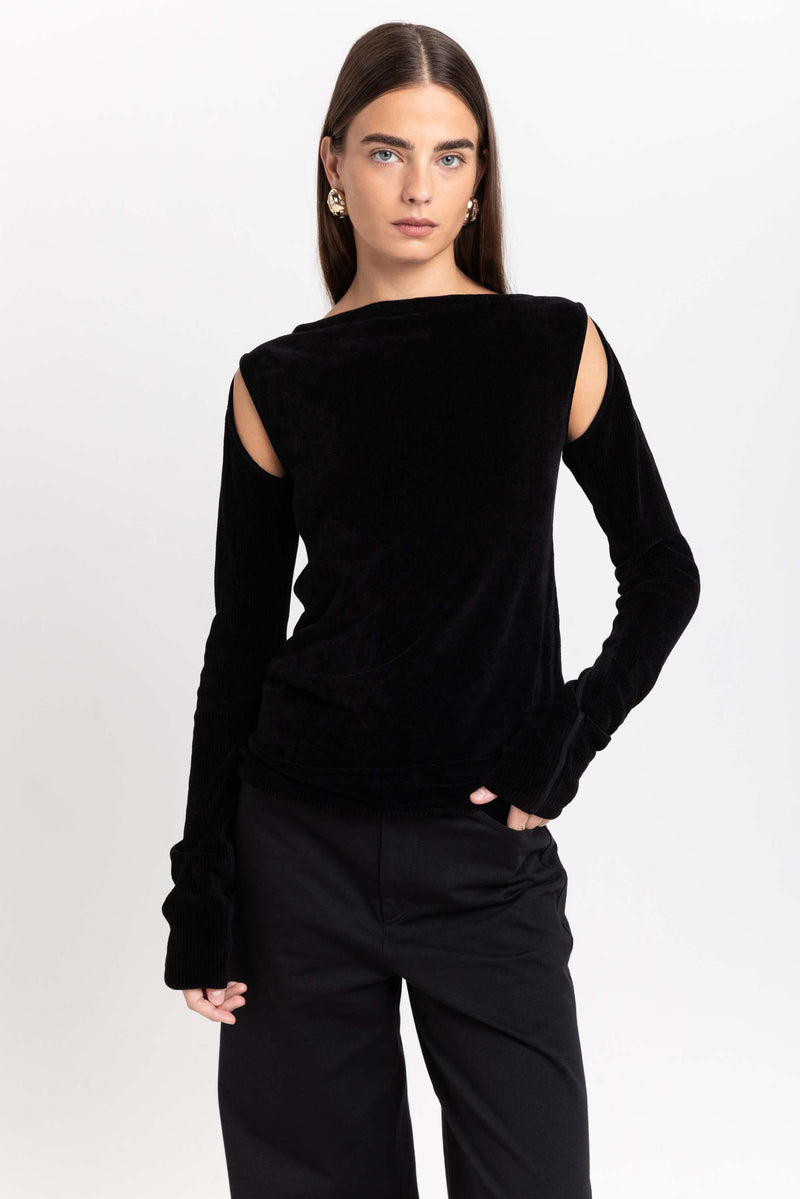 Black fine chenille long sleeve top with cutouts