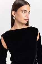 Black fine chenille long sleeve top with cutouts