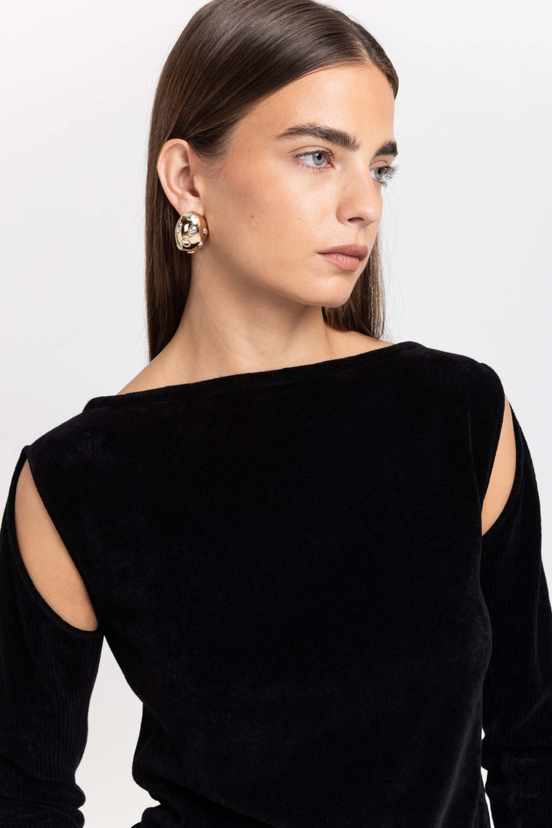 Black fine chenille long sleeve top with cutouts