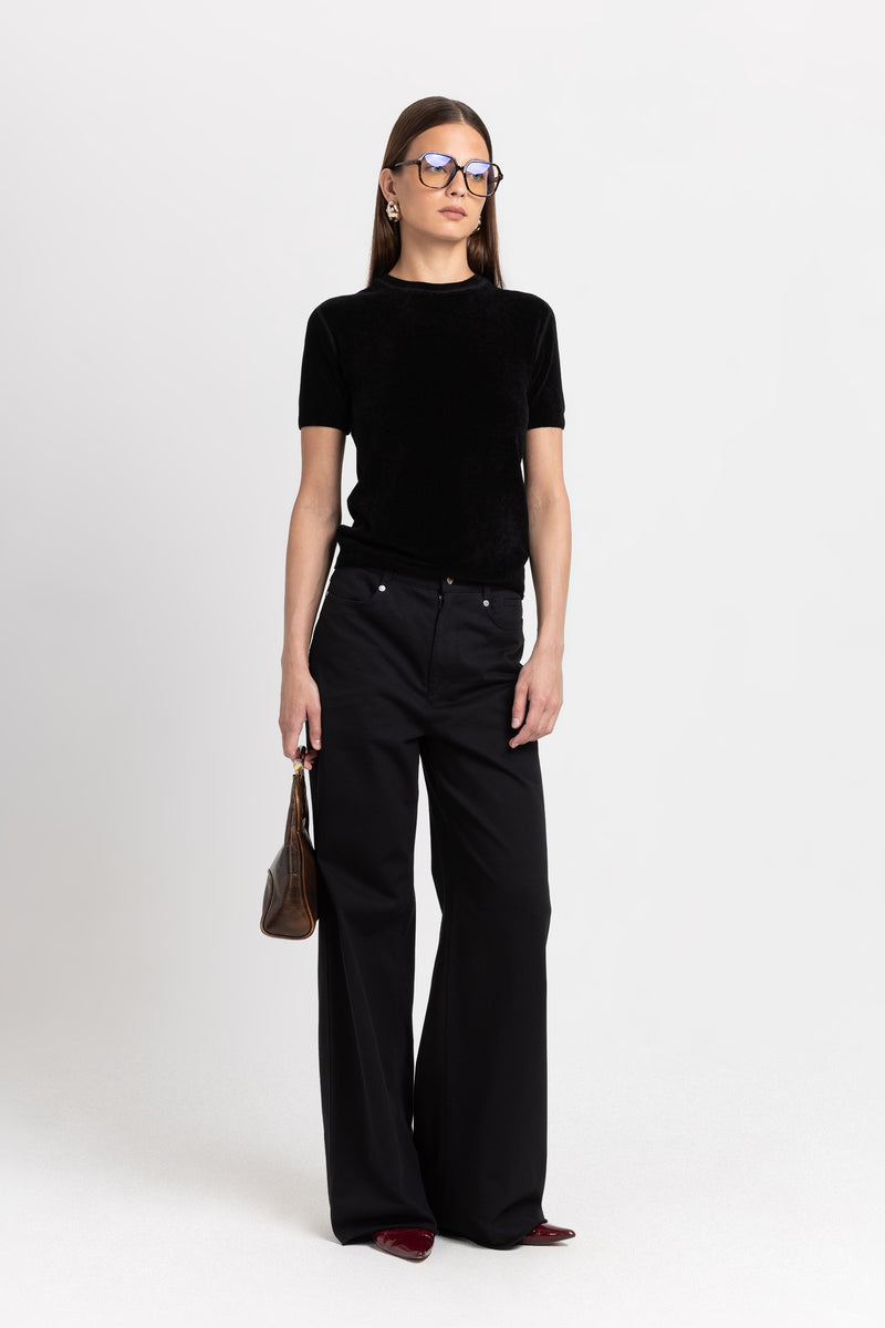 Black solid jersey wide-leg pants