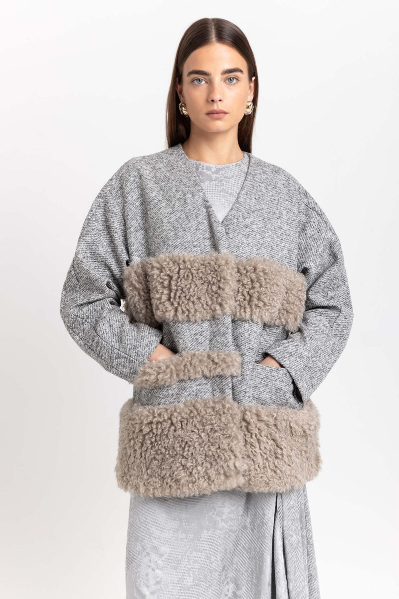 Grey & taupe jersey & faux fur soft short coat