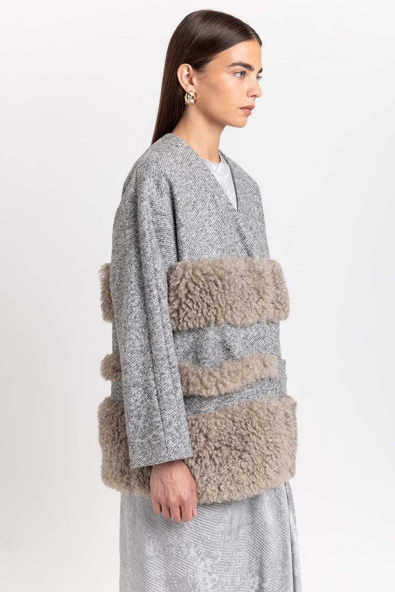 Grey & taupe jersey & faux fur soft short coat