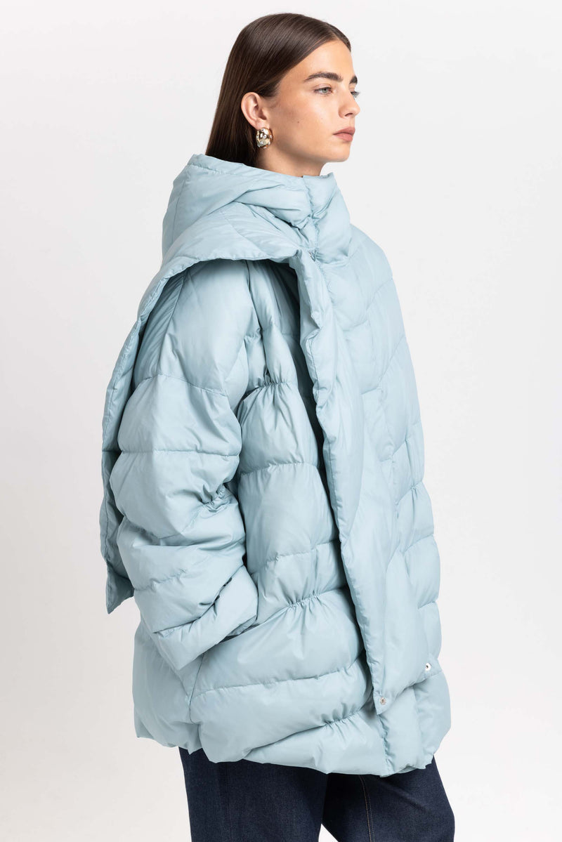 Dusty blue down coat with scarf
