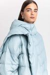 Dusty blue down coat with scarf