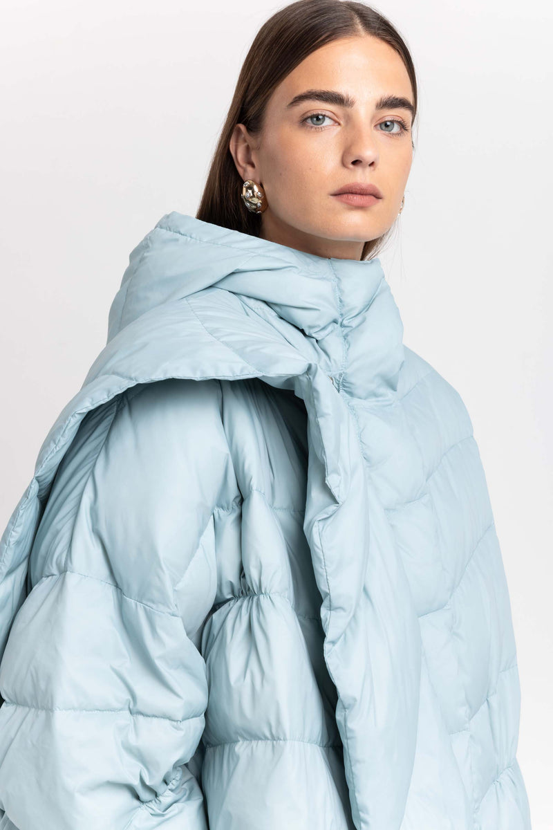 Dusty blue down coat with scarf