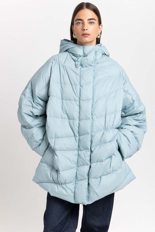 Dusty blue down coat with scarf