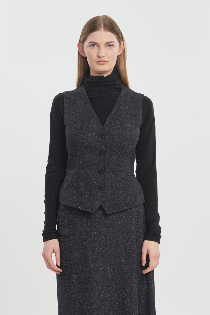 Black wool silk tweed tailored vest