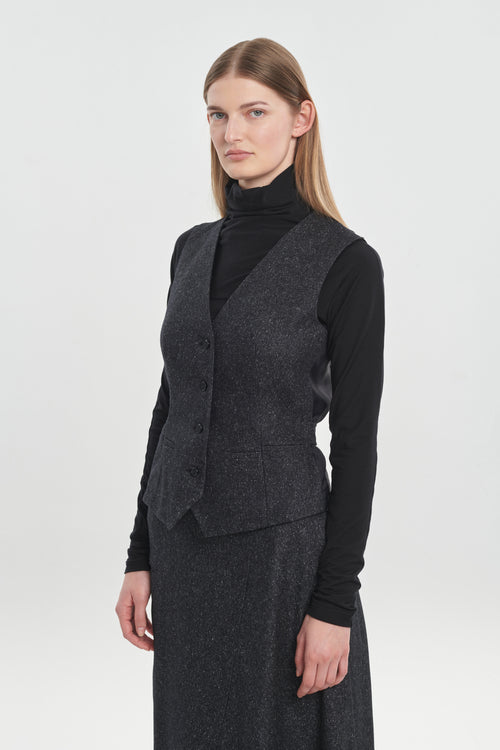 Black wool silk tweed tailored vest